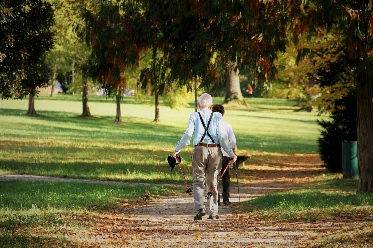 Older adults walking briskly with trekking poles through a park in autumn, a form of nordic walking used in frailty-prevention exercise programs